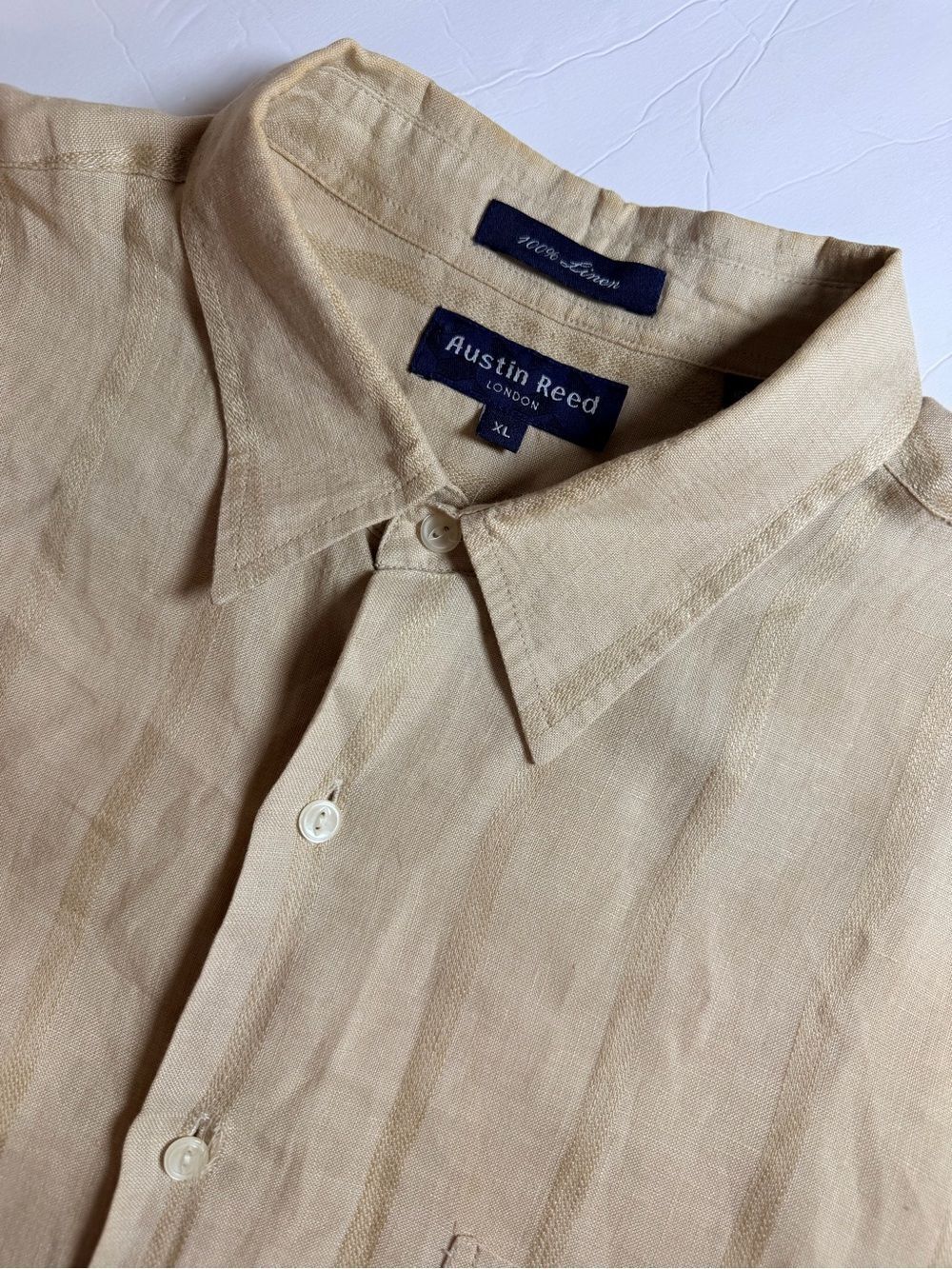Austin Reed Mens Linen Button Up Shirt XL Tan Short Sleeve Beach Resort Vacation